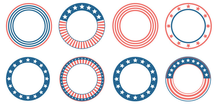 USA patriotic circle border designs, flat vector artwork featuring stars and stripes in circular frames, ideal for July 4th, national events, and American-themed graphics.