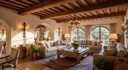 Fototapeta premium Luxurious Living Room with Arched Windows and Exposed Wooden Beams.
