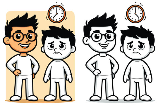 Happy and sad boys with glasses, coloring page, time clocks overhead.