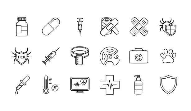 Animal healthcare pet treatment outline icons editable vector set
