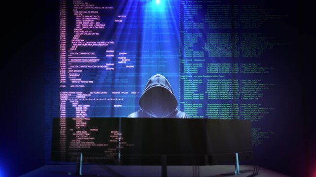 Hacker Silhouette Code Screen Cyber Security, Hooded figure working computer glowing programming code interface environment. cybersecurity themes, hacking data protection visuals or IT awareness