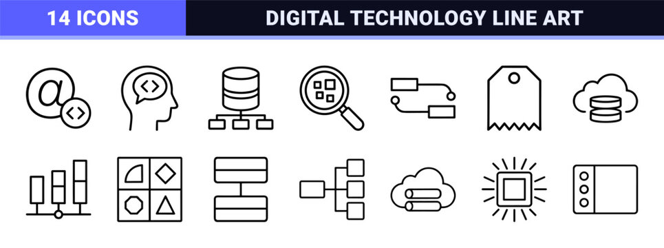 Technical programming and web development thin line icon set