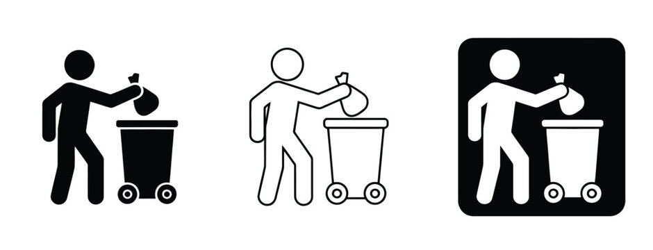 Person throwing away trash in a garbage can, vector illustration in different styles&mdash;outline, solid, and flat&mdash;for waste management, recycling, and environmental awareness design projects.