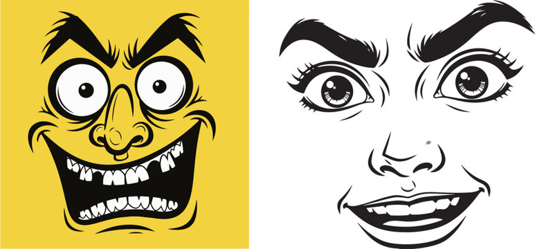 A vector comparison featuring a wild, yellow-faced cartoon with missing teeth and thick eyebrows next to a realistic black and white sketch of a woman&rsquo;s face with an expressive, slightly open mouth.