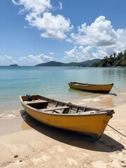 Obraz premium Two Yellow Wooden Boats Rest on a Sandy Tropical Beach with Calm Turquoise Sea and Distant Hills under a Blue Sky with Fluffy Clouds.