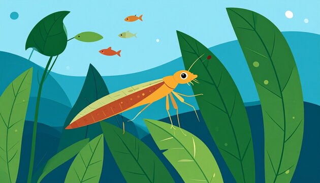vibrant vector dragonfly nymph emerging from water with fish in lush pond ecosystem