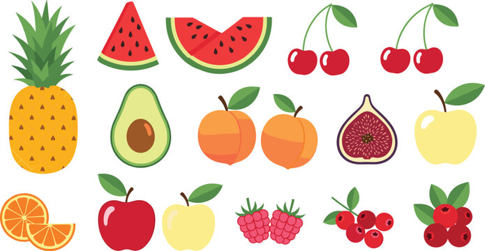 Colorful Fruit Collection Set Featuring Pineapple Watermelon Cherry Apple Avocado Fig Peach and Berries for Fresh Organic Food Illustration Design.