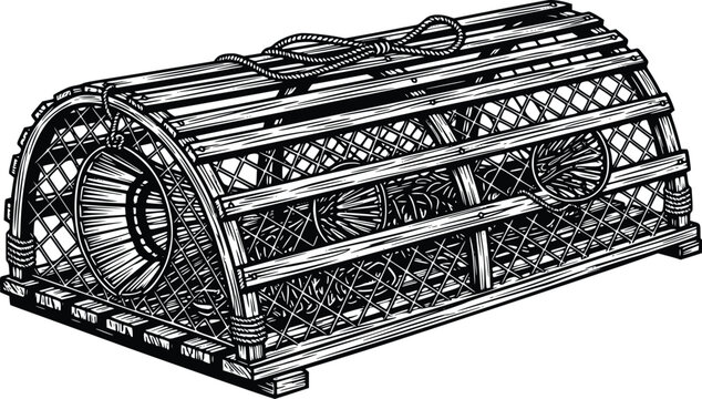 Traditional Bamboo Fish Trap Hand Drawn Vector Vintage Line Art Illustration