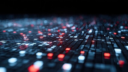 Fototapeta premium Abstract digital landscape of glowing squares and particles in the dark
