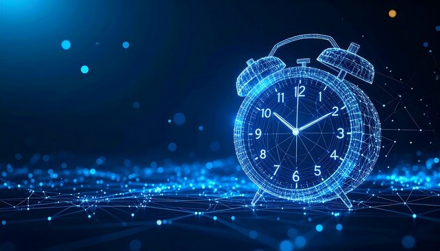 Digital alarm clock, rendered in luminous blue, stands on a glowing networked surface against a dark background
