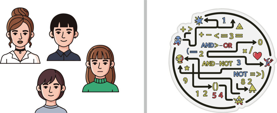 Vector set featuring diverse young male and female avatars in a flat design style alongside a complex circular logic diagram with arrows, numbers, and boolean operators like AND, OR, and NOT.