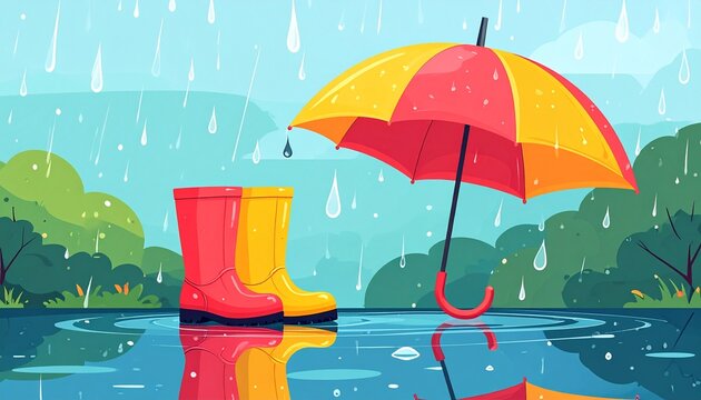 Colorful rain boots and umbrella reflecting in puddle during spring shower