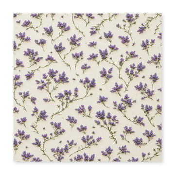 Seamless Pattern with Small Purple Wildflowers and Green Leaves on White Background