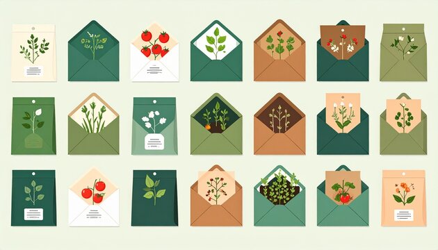 set of twelve seed packet envelopes with botanical illustrations and herbs in flat design