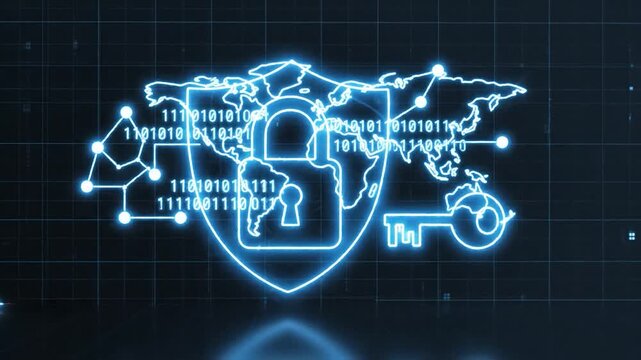 Digital security concept with a glowing shield, padlock, binary code and a world map overlay, representing global data protection and cyber safety