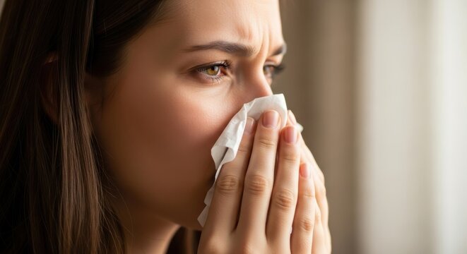 Close-up of a young woman with a cold, holding a tissue to her nose, experiencing discomfort and illness