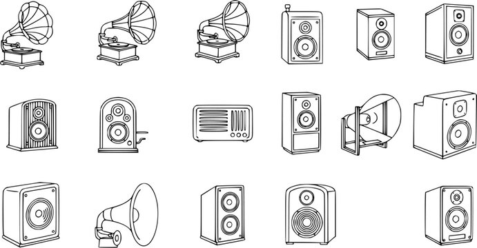 Black and White Line Art Icons: Audio Devices featuring Vintage Gramophones, Modern Speakers, Retro Radios, and Sound Horns