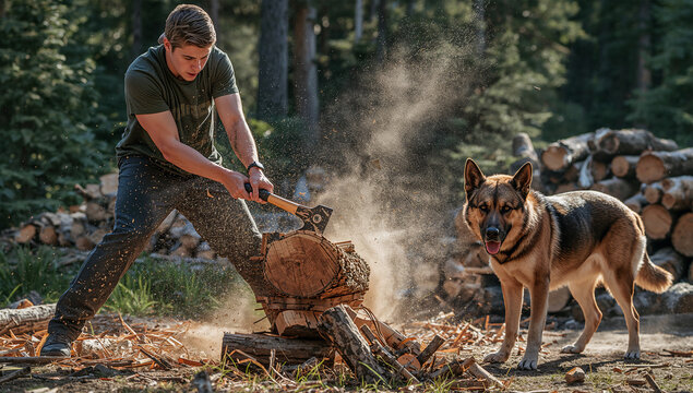 飛び散る木屑が迫るカナダ森林、西洋20代ノンバイナリーの大胆な薪割りと大型犬