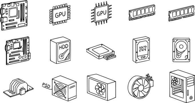 Black and White Line Art Icons of Computer Hardware Components for Technology Industry