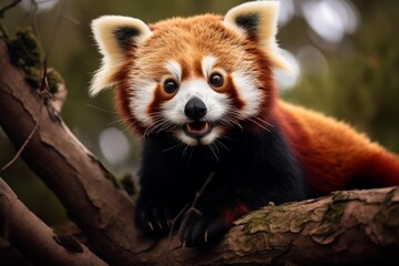 Obraz premium Red panda with bright fur and expressive face resting on a tree branch in its natural habitat