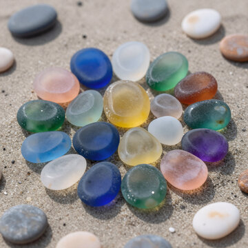 Traditional Japanese Sea Glass. Vibrant Sea Glass With Pebbles In A Beach-Themed, Colorful Design