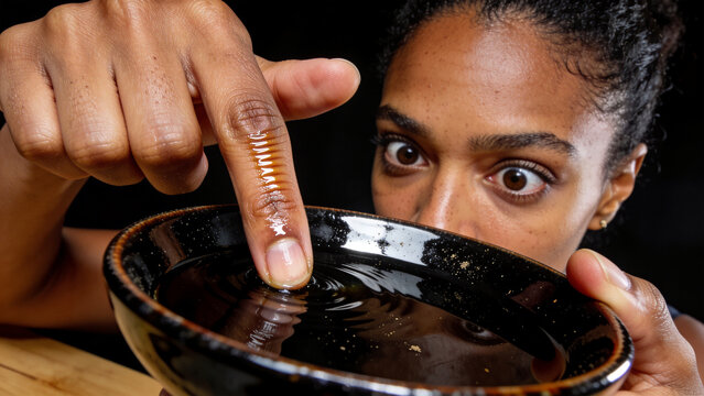 強い光で際立つ漆器の拒絶、アフリカ系米国30代女性の指先が感じる湿り