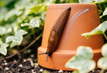 Brown slug crawling up a terracotta plant pot in a garden, closeup of slime trail and pest activity among green leaves for gardening and ecology concept