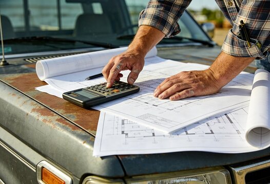 Construction contractor calculating project costs on house blueprint plans on pickup truck hood outdoors, budgeting and estimating materials for jobsite planning