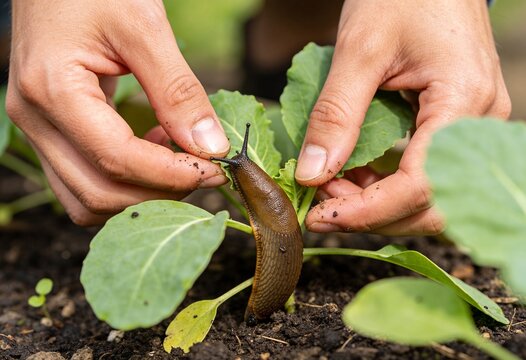 Gardener picking a brown slug off young vegetable leaves in garden soil, close up pest control and organic farming care to protect seedlings and crops