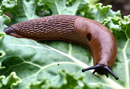 Brown slug crawling across a green cabbage leaf in a garden, close up macro view showing pest damage risk and natural wildlife behavior on vegetable plant