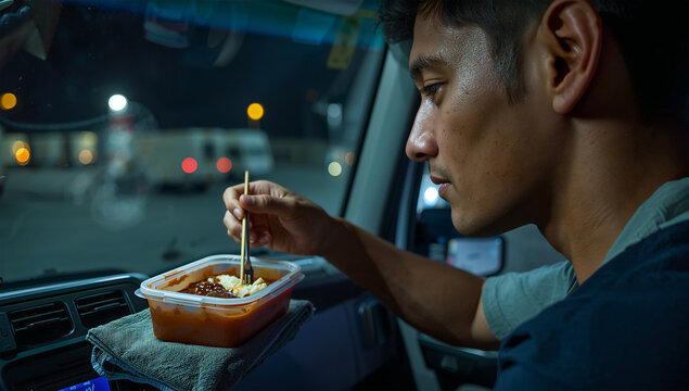 肩越し接写の深夜車内、タッパーを食べる南アジア20代男性運転手と静かなサービスエリア