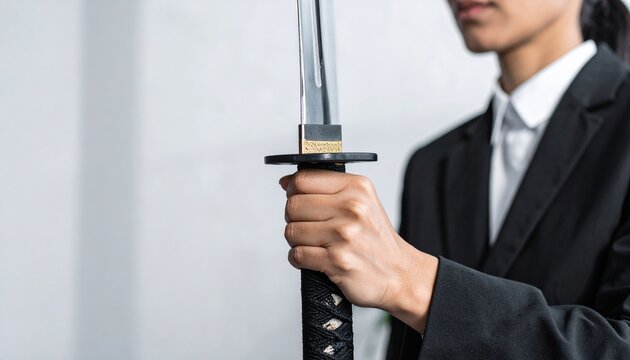 ビジネスウーマンが居合切りをしようと構えている刀にクローズアップした写真