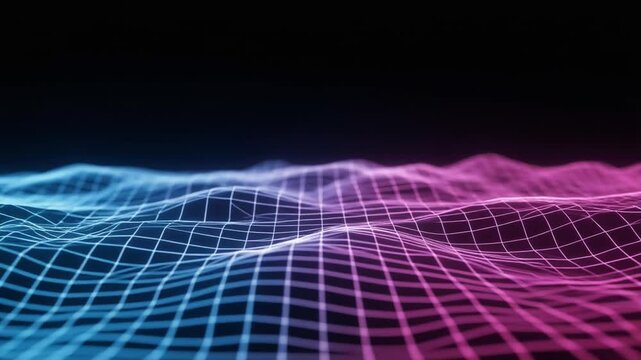 Abstract digital wave grid with glowing blue and pink lines on black background representing technology and innovation