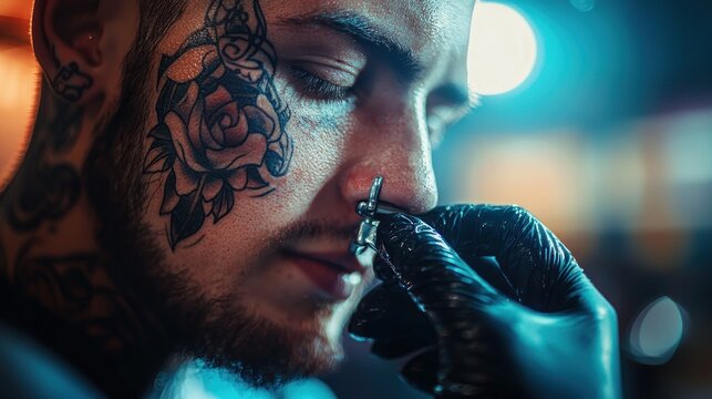 Tattooed man nose piercing