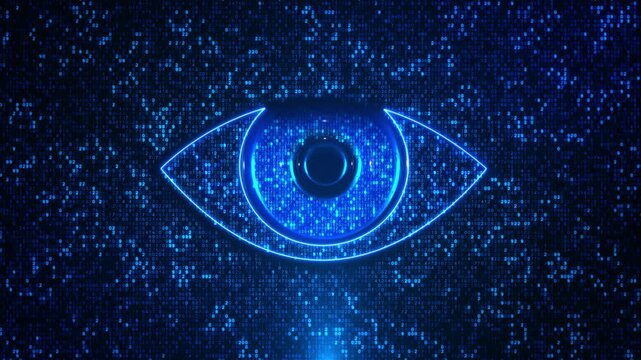 Futuristic Digital Eye Scanner eye by numeric data streams biometric scanning artificial intelligence monitoring. cybersecurity visuals, identity verification themes, surveillance technology graphics.