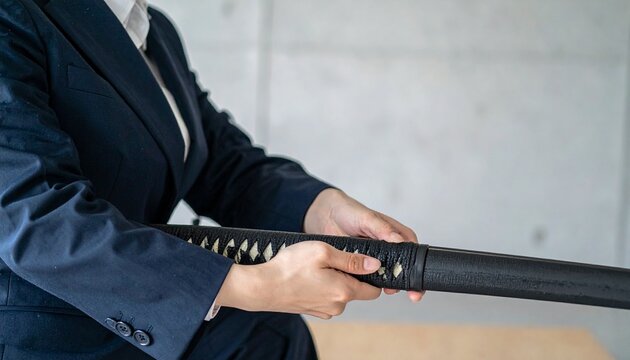 ビジネスウーマンが居合切りをしようと構えている刀にクローズアップした写真