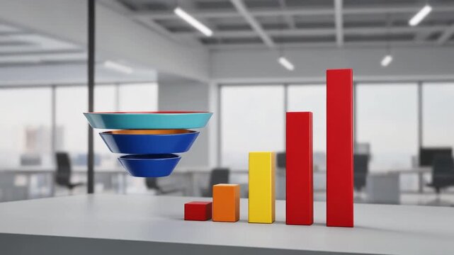 Colorful business sales funnel chart with rising bar graph in modern office setting