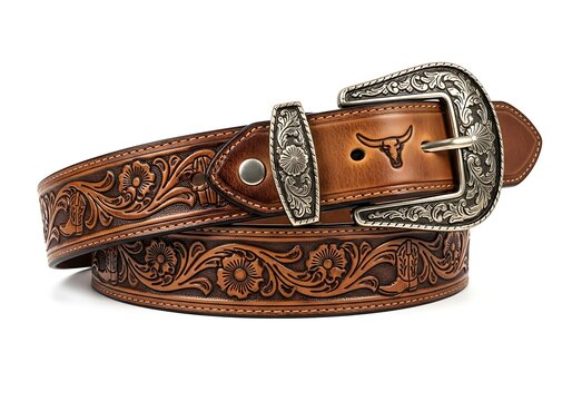 Elegant Brown Leather Belt with Floral Carvings and Buckle.