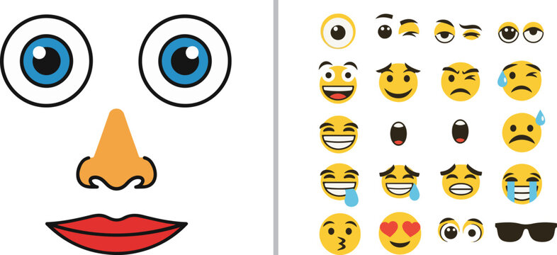 Vector illustration featuring a large stylized face with blue eyes, orange nose, and red lips next to a grid of various yellow emoji icons expressing different moods and emotions.