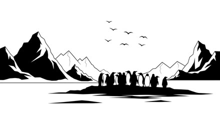 Penguins on an ice floe with mountains and birds in the background. © Refina