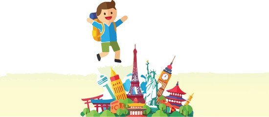 Fototapeta premium Traveler jumps happily above a collection of famous global city.