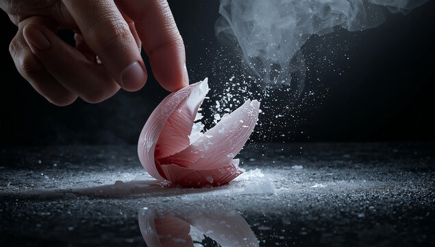 指先で砕け散る凍結バラ、極低温の脆さを抽象化した破片と粉の写真