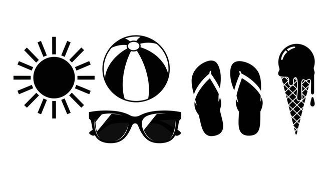 Summer vacation essentials black silhouettes on white background.
