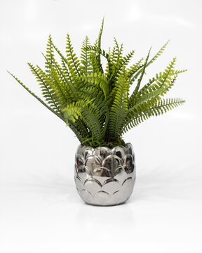 Planta artificial de samambaia verde exuberante em vaso prateado texturizado com escamas, isolada em fundo transparente com sombra suave preservada, perfeita para decora&ccedil;&atilde;o moderna e mockups