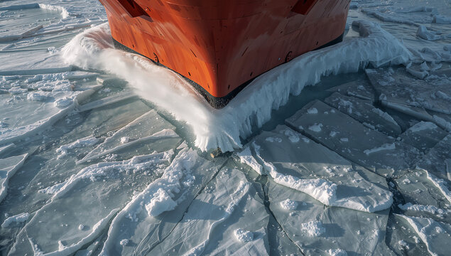氷を踏み砕く砕氷船の大迫力、硬質な破壊が爆ぜる破片と粉の瞬間