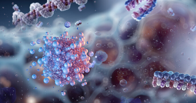 Lipid nanoparticle system: targeted drug delivery mechanism. Polymeric vesicles and molecular chains, advanced drug transport mechanisms enabling controlled release. Nanomedicine, oncology medicine