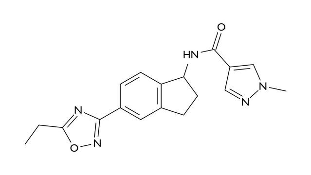 aficamten molecule, structural chemical formula, ball-and-stick model, isolated image cardiac myosin inhibitor