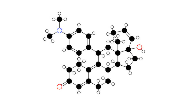 aglepristone molecule, structural chemical formula, ball-and-stick model, isolated image antiprogestin
