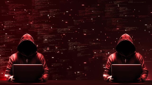 Hacker Using Laptop Cyber Attack Concept Animation, floating code and binary red digital environment. for cybersecurity visuals, hacking concepts, data breach awareness online security presentations.