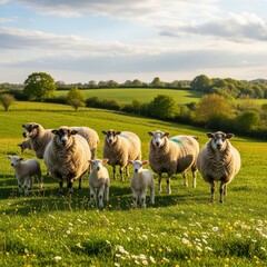 Fototapeta premium Flock of Sheep and Lambs Grazing in a Sunny Green Meadow
